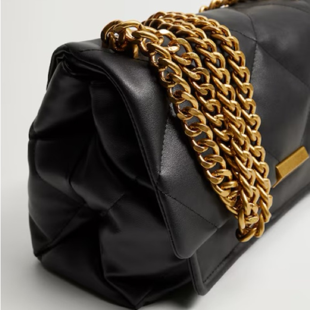 Mango Quilted Black Shoulder Bag with Gold Chain